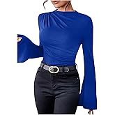SweatyRocks Women's Ruched Mock Neck Long Ruffle Sleeve Slim Fitted Tops Solid Basic Tee Shirts