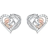 925 Sterling Silver Horse Stud Earrings Hypoallergenic Heart Horse Ear Studs for Women Dog Wolf Fox Animal Earrings for Horse Lover Christmas Jewelry Gifts for Daughter