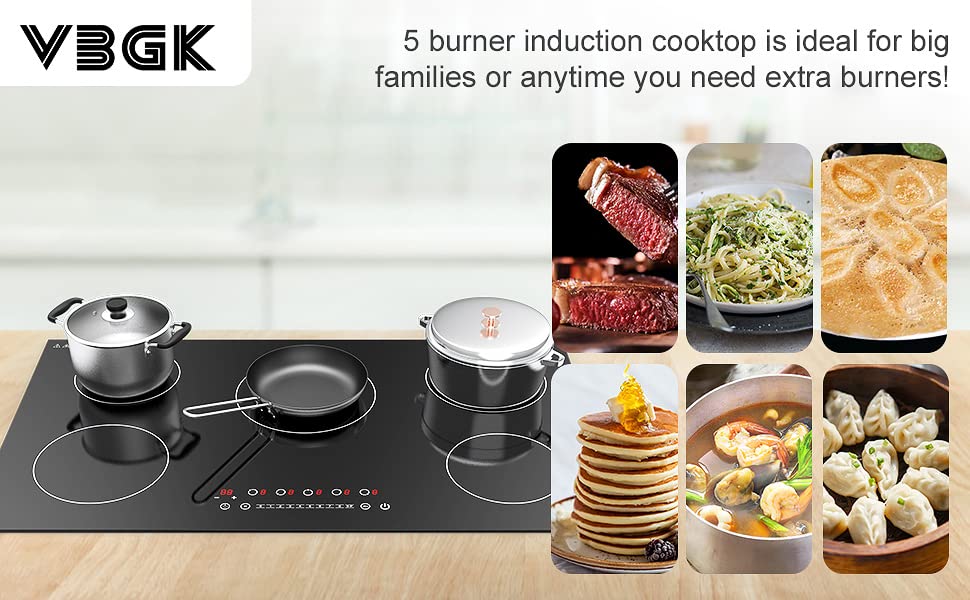 VBGK Induction Cooktop, with 5 Burners Desktop Built-in Cooktop, 7400W 240V Induction Stovetop 9 Power,Levels Sensor Touch Control,Child Safety Lock,1-99 Minutes Timer,Induction Burner