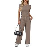 WIHOLL Lounge Sets for Women 2 Piece Vacation Outfits Short Sleeve Tops with Side Ruched Wide Leg Pants Matching Sets