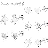 TOBENY Flat Back Earrings for Women Hypoallergenic Surgical Steel Stud Earrings Stacks for Sensitive Ears Small 6 Pairs 14K Gold Plated Tragus Cartilage Helix Piercing Jewelry for Multiple Piercing