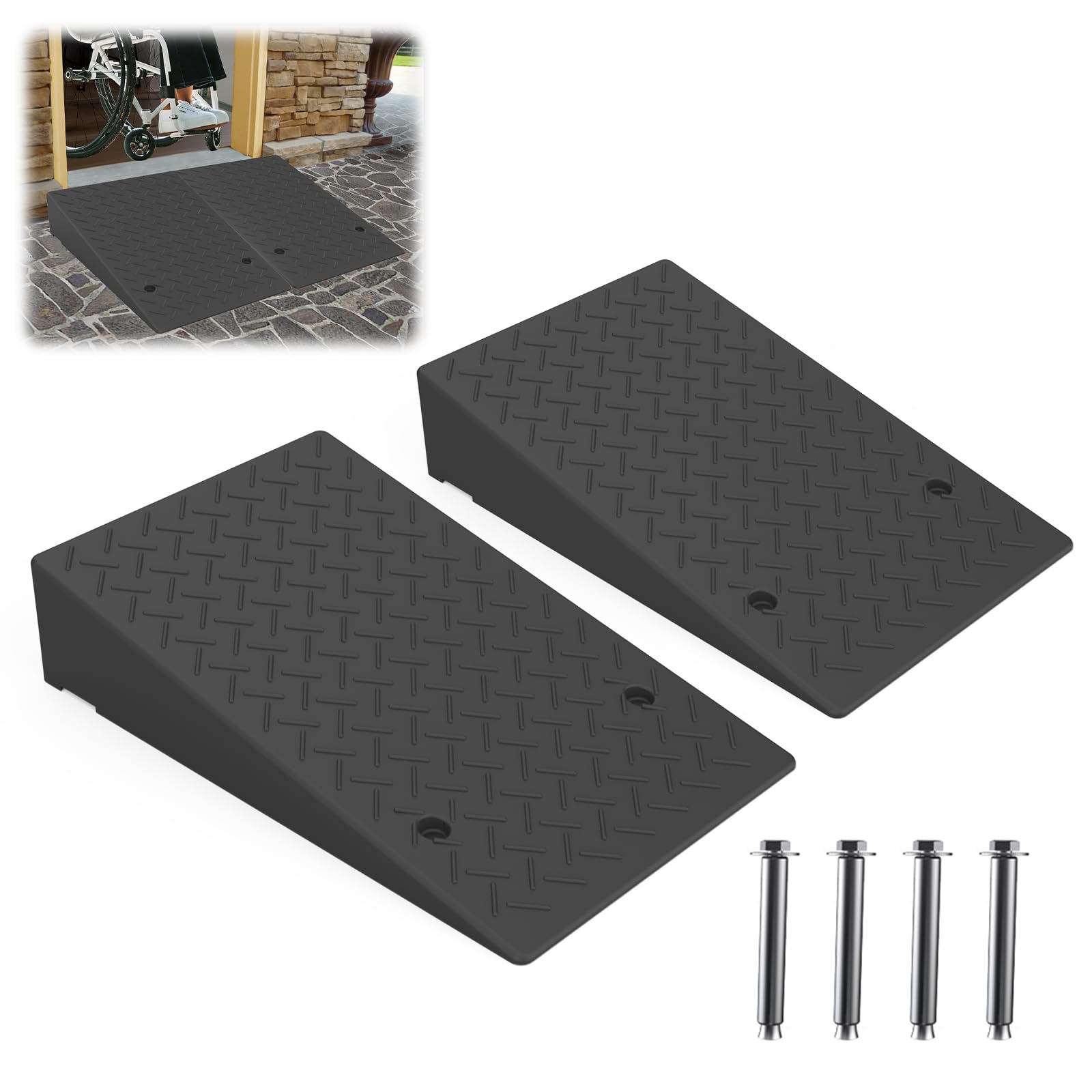 Photo 1 of Rubber Threshold Ramp 5.91 Inch Rise, Wheelchair Rubber Door Ramp with Non-Slip Surface, Home Step Ramp with Channel for Wheelchairs/Cars/Scooters (2PCS, 2200LBs Loading)