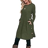 OFEEFAN Fall and Winter Tunic Dress with Pockets Long Sleeve Crew Neck Buttons Side