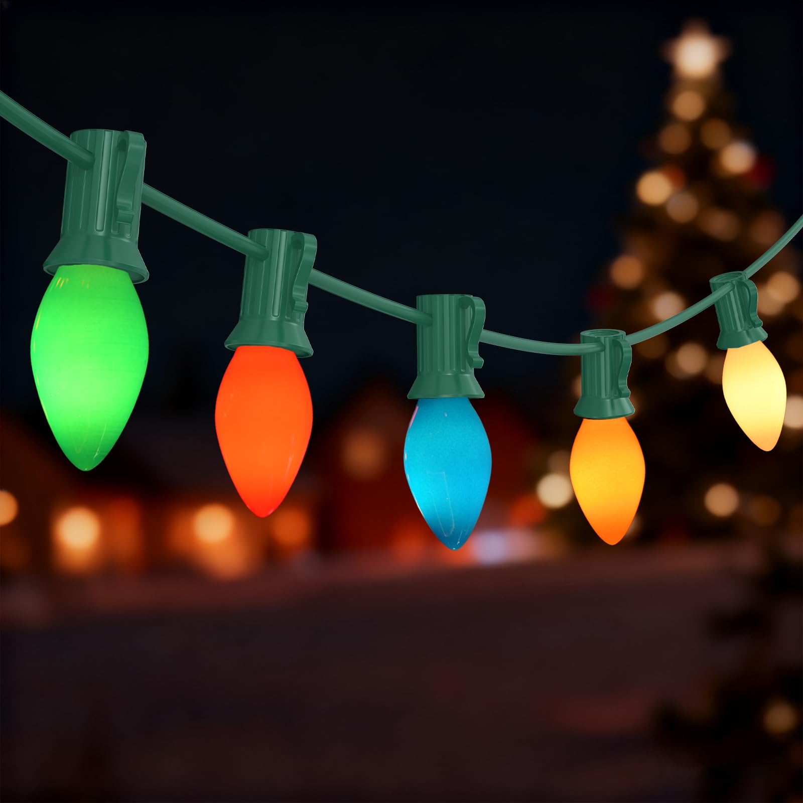 Photo 1 of Oviejo C7 Incandescent Christmas Lights Outdoor,Colored Christmas Tree Lights with 27 Glass 5w Bulbs(2 Spare),Vintage Xmas Lights Outdoor for Holiday/Paty/Patio/House Decor,E12 Base,Green Wire