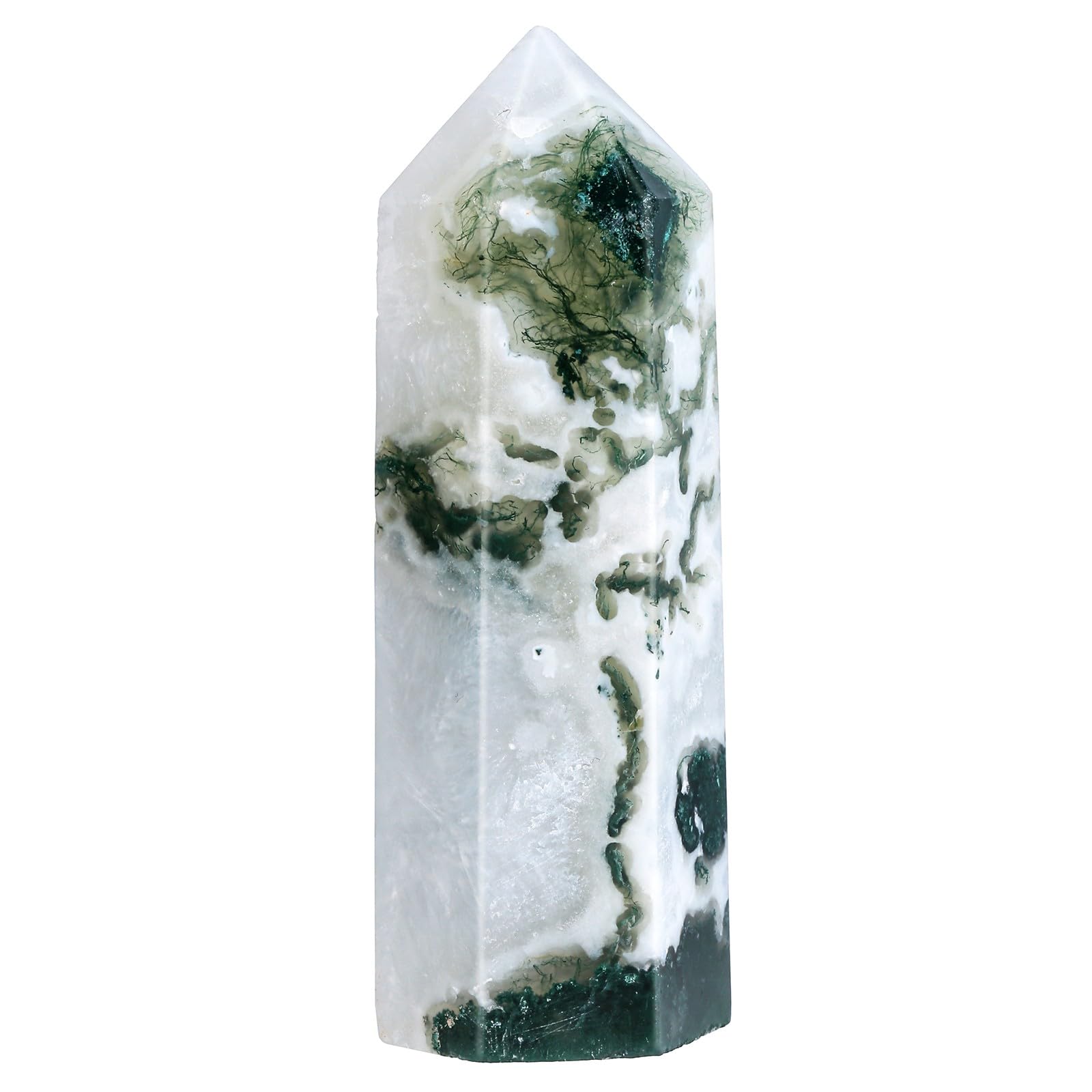 KYEYGWO Moss Agate Crystal Wand Tower, Polished Single-pointed Hexagonal Column Obelisk for Reiki Meditation Home Decor, 6-8cm Length