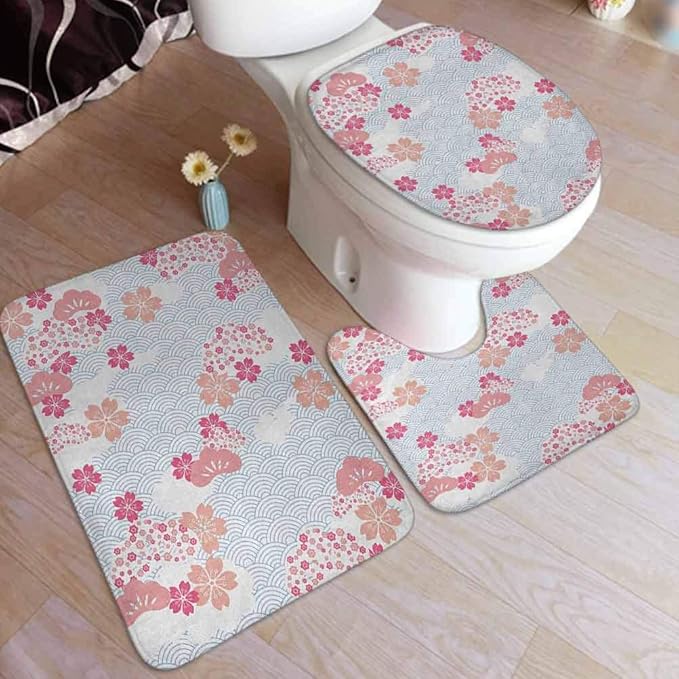 Japanese Bathroom Mat Sets 3 Piece, Squama Pattern with Cherry Blossom