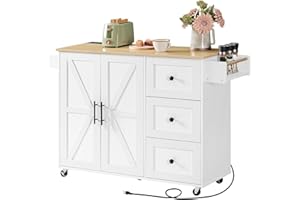 HOOBRO Kitchen Island with Storage, Kitchen Island Cart with Power Outlet, Rolling Kitchen Table with 3 Drawers, Towel Rack a