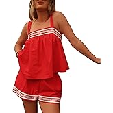 Women 2pcs Shorts Outfit Sleeveless Embroidery Ruffle Hem Backless Crop Top Elastic Waist Shorts Set with Pocket