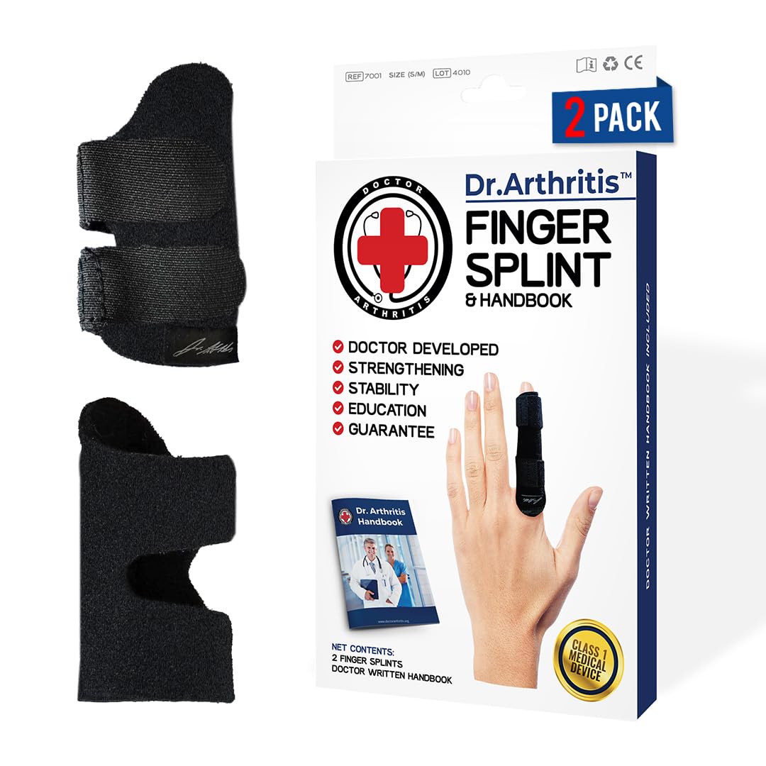 Dr.Arthritis Doctor Developed Finger Splint & Doctor Handbook- Padded Finger Splints For Straightening (Black, S/M, 2 Pack)