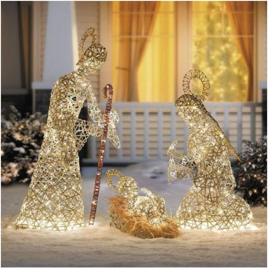 3pc Set Gold Faux Grapevine Lighted Nativity Display Art