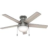Hunter 59270 Anslee Indoor Low Profile Ceiling Fan with LED Light and Pull Chain Control, 46", Matte Silver Finish