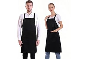 BIGHAS H Back Style Apron with Pocket for Women, Men Adjustable Large Size Comfortable, Kitchen, Home, Cooking 16 Colors (Bla