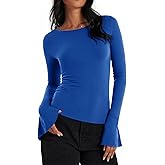 Cicy Bell Womens Long Bell Sleeve Tops Boat Neck Going Out Fitted Shirts Trendy Casual Basic Tees