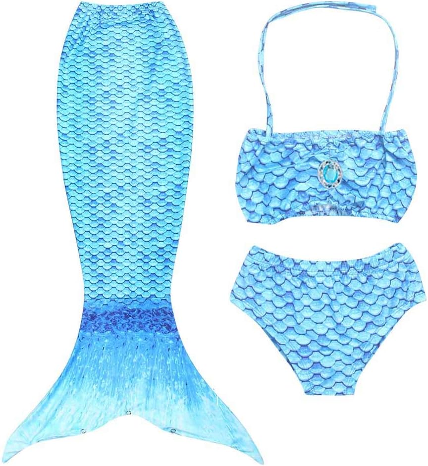 Girls Kids Mermaid Swimsuit, 3 Piece Swimming Suit Mermaid Tail Swimwear Bikini Set Blue