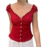 Women Button Down Ruffle Top Deep V Neck Smocked Cap Sleeved Coquette Frill Cute Shirt Slim Fit Casual Blouse