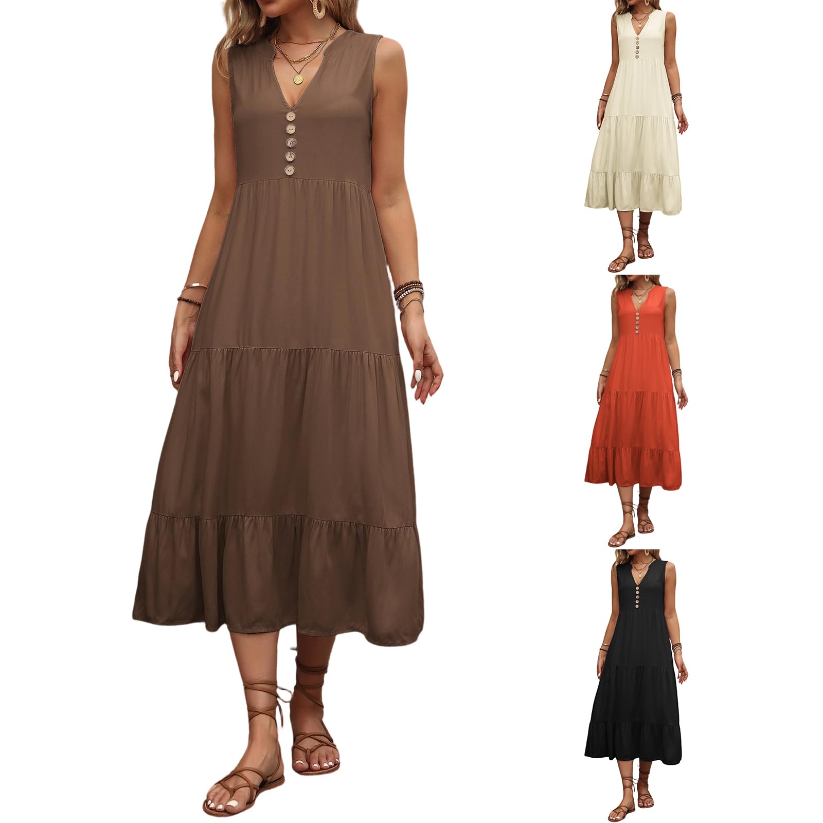 Midi Summer Dresses for Women Solid Color Tiered Tank Top Dress Long Button Sundress Brunch Outfits for Women Fiesta Style Dress Vestido de Playa Mujer