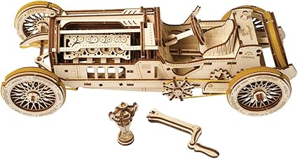 UGEARS U-9 Grand Prix Car Wooden Model (DIY Building Kit) Hand-Crank Powered Vehicle with Working Pistons, Wheels, Shocks