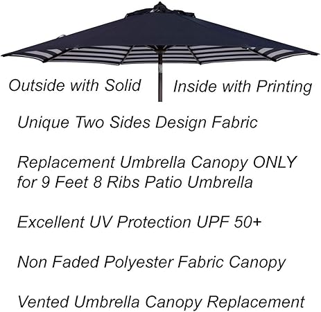 Amazon Com Shadeprotection Umbrella Replacement Canopy 9 Feet 8 Ribs Unique Two Sides Design Polyester Fabric Canopy Only For 9 Patio Umbrella 8 Ribs Polyester Navy White Stripe Garden Outdoor