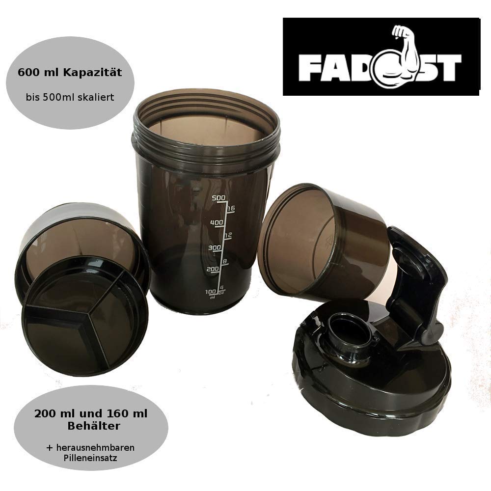 Protein Shaker mit Pulverfach und Pillenbox - Fadost Tower - 3 in 1 - BPA-frei, garantiert auslaufsicher, 600ml (skaliert bis 500ml), Fitness Gym Eiweißshaker