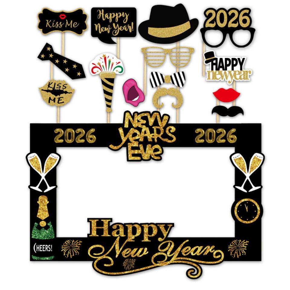 SWSATYW 2026 Happy New Year's Eve Party Decoration Photo Booth Props Supplies with Paper Frame(Pack of 15)