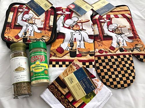 Set of Chef Towel Oven Mitt Two Pot Holders Two Dish Scrubbers Pasta Herb Grated Parmesan Cheese