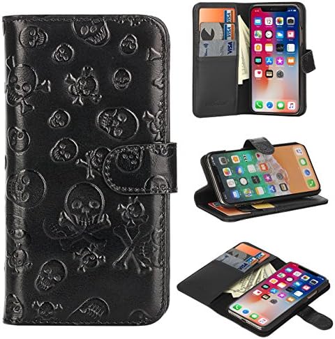 Luxury Skull Wallet Cover for iPhone X - Hand Made from Real Leather, Premium Case by Trop Saint - Black
