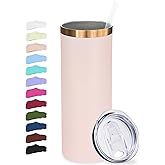Metalya 20 oz Skinny Tumblers Bulk, Stainless Steel Insulated Tumbler with Lids and Straws, Slim Double Wall Powder Coated Travel Coffee Mugs, Reusable Cup for Hot and Cold Drinks (Pink,1 pack)