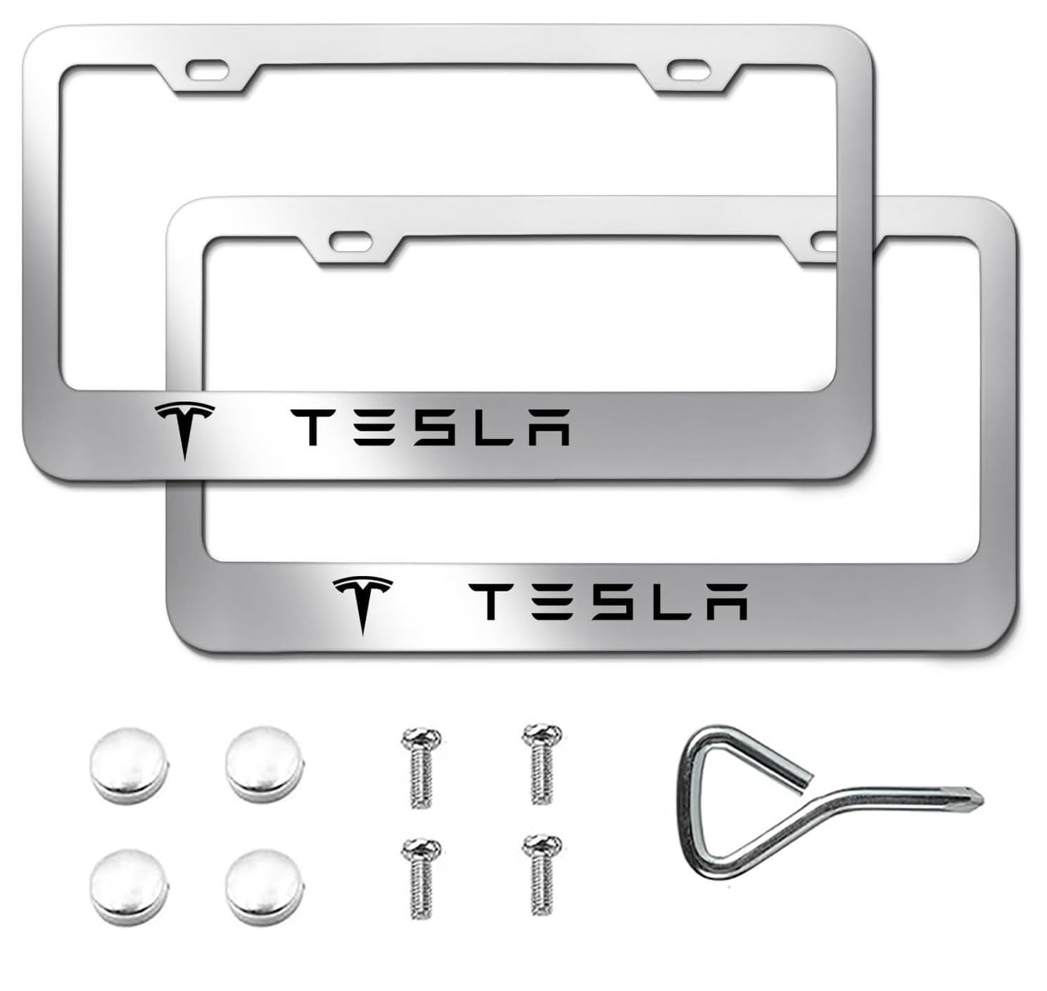 Photo 1 of 2 Pack Chrome License Plate Frames for Tesla Owners, Stainless Steel Car License Plate Cover Car Accessories with Screw Caps (Sliver)