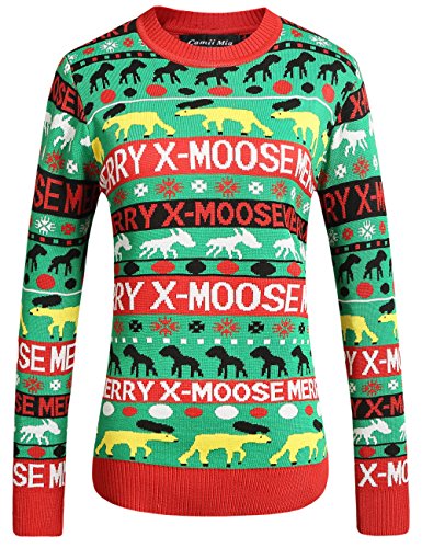 Camii Mia Women's Crew Neck Pullover Ugly Christmas Sweater (Green, Large)