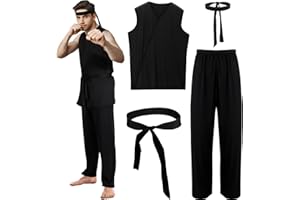 Xtinmee 4 Pcs Karate Costume for Men Halloween Costume Adult Black Karate Gi Dress up Uniform with Headband Cosplay Outfit