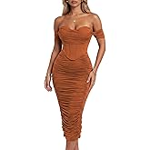 CurvySweet Women's Off The Shoulder Midi Dress Built-in Bra Ruched Corset Bodycon Spring Formal Cocktail Party Dresses