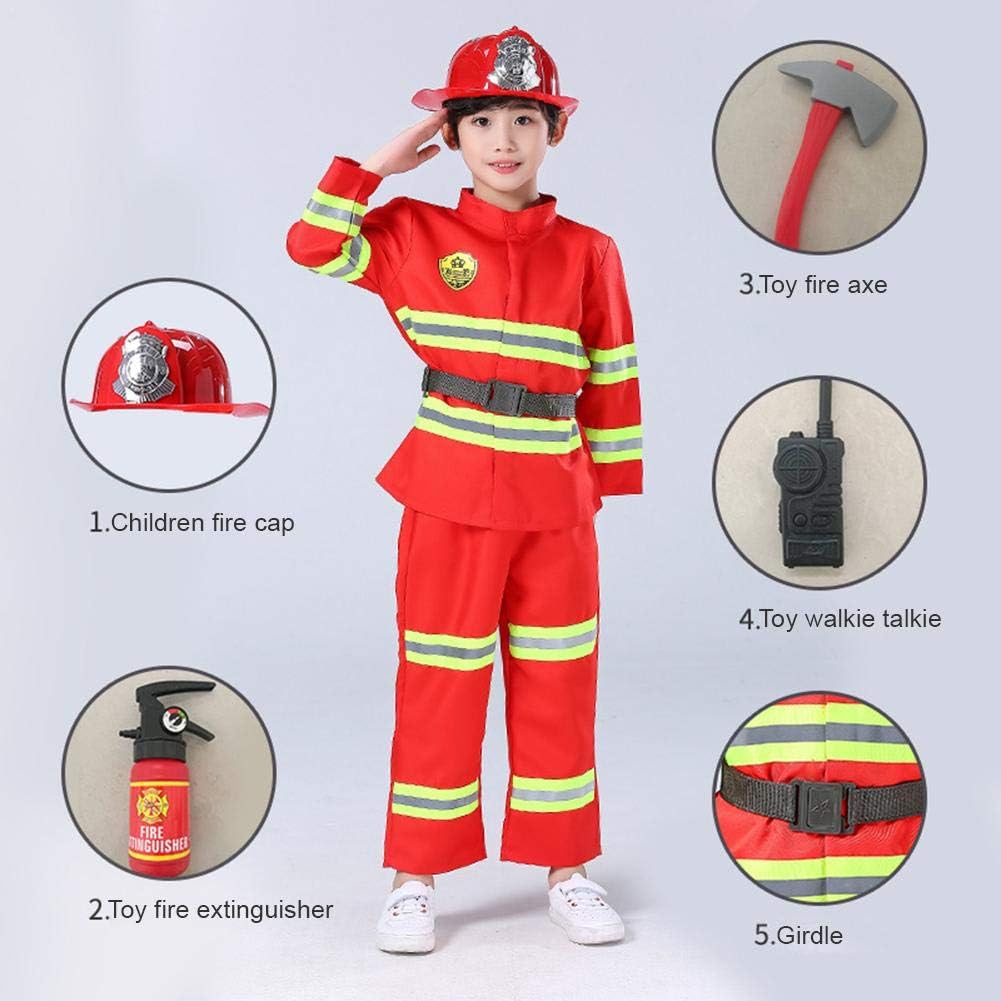 Kids Fireman Costume,7Pcs Premium Washable Fireman Costume and Firefighter Accessories,Fireman Uniform Pretend Play Dress Up Toy Set for Children