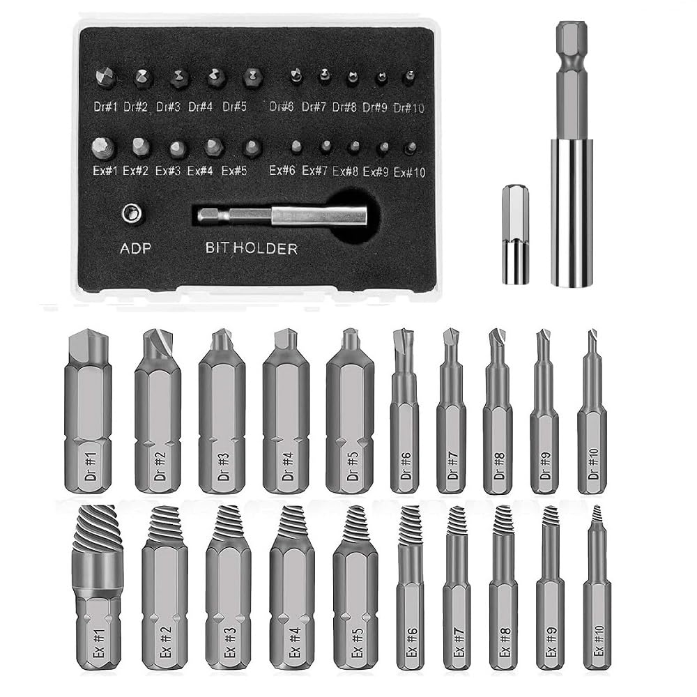 22 Pieces Damaged Screw Extractor Set, Fixinus Stripped Screw Extractor Kit, All-Purpose HSS Broken Screw Remover Set with Magnetic Extension Bit Holder & Socket Adapter