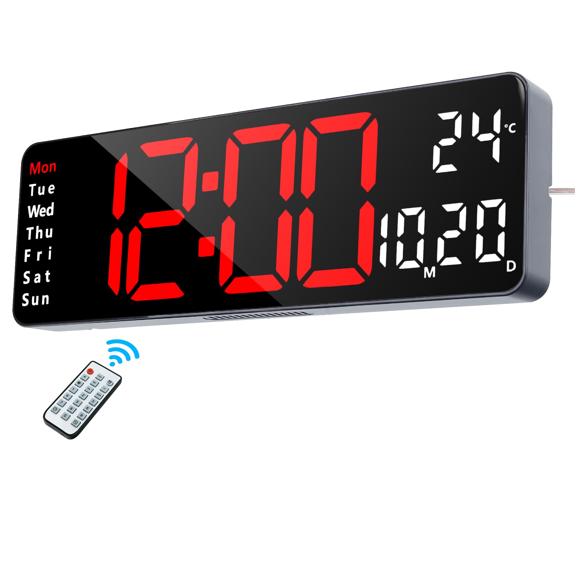 Lafocuse Digital Wall Clock with Remote Control, 13" LED Display Large Digital Clocks with Adjustable Brightness, Countdown & Timer, Temperature, Date for Living Room Home Office Gym Kitchen, Red