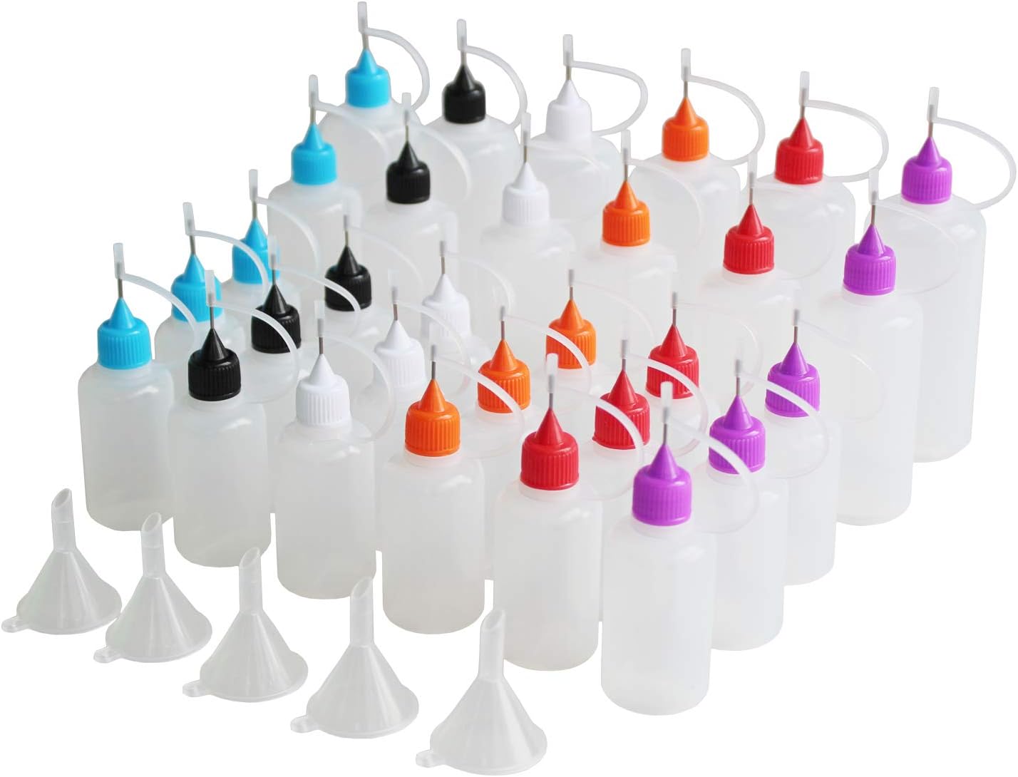 30 Pcs Mixed Sized Precision Tip Applicator Bottles with Multicoloured Tips, Comes with 5 Pcs Mini Funnel for DIY Quilling Craft, Acrylic Painting, Small Gluing Projects, Oiler Bottle