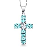 Gem Stone King 925 Sterling Silver Blue Apatite and White Moissanite Cross Pendant Necklace for Women | 3.12 Cttw | Gemstone Birthstone | Oval 6X4MM | With 18 Inch Chain