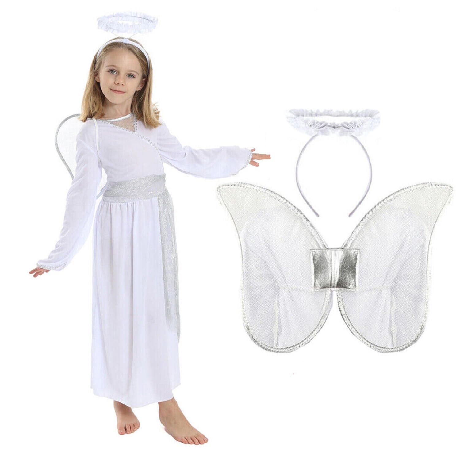 Kids Angel Costume - X-Large - White Angel Dress With Silver Details + Silver Halo Headband - Girls Fancy Dress for Christmas Nativity