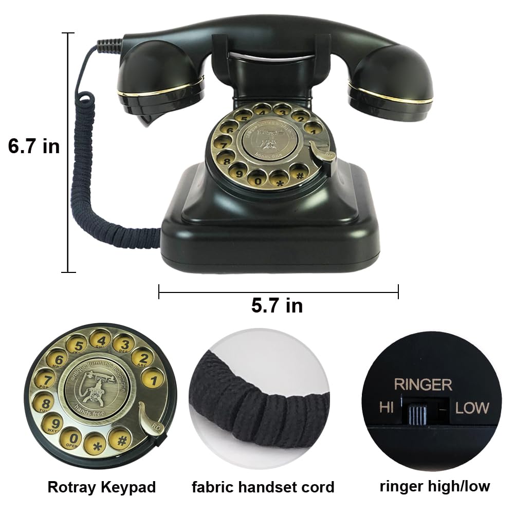 Retro Telephone, TelPal Black Corded Telephones of 1930s, Vintage Landline Home Phone, Decorative Old Fashion House Phones, Wired Analog Phone for Home/Office/Hotel/School