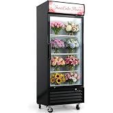 27" W Commercial Refrigerators for Flowers, 23.6 Cu. Ft. Glass Door Floral Cooler for Flower Shops, Single Door Flower Display Fridge, 4 Shelves, 32&deg;F-44&deg;F, Auto Defrost, Casters, NSF DOE ETL