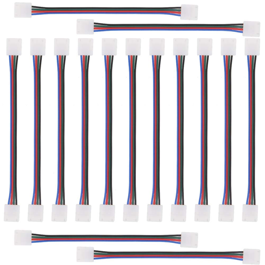 15 Pcs RGB LED Light Strip Connector Kit,4 Pin Conductor 10mm Wide Strip to Controller Jumper Solderless Clamp On Pigtail Adapter for 5050 Color Changing Flexible LED Strip Light