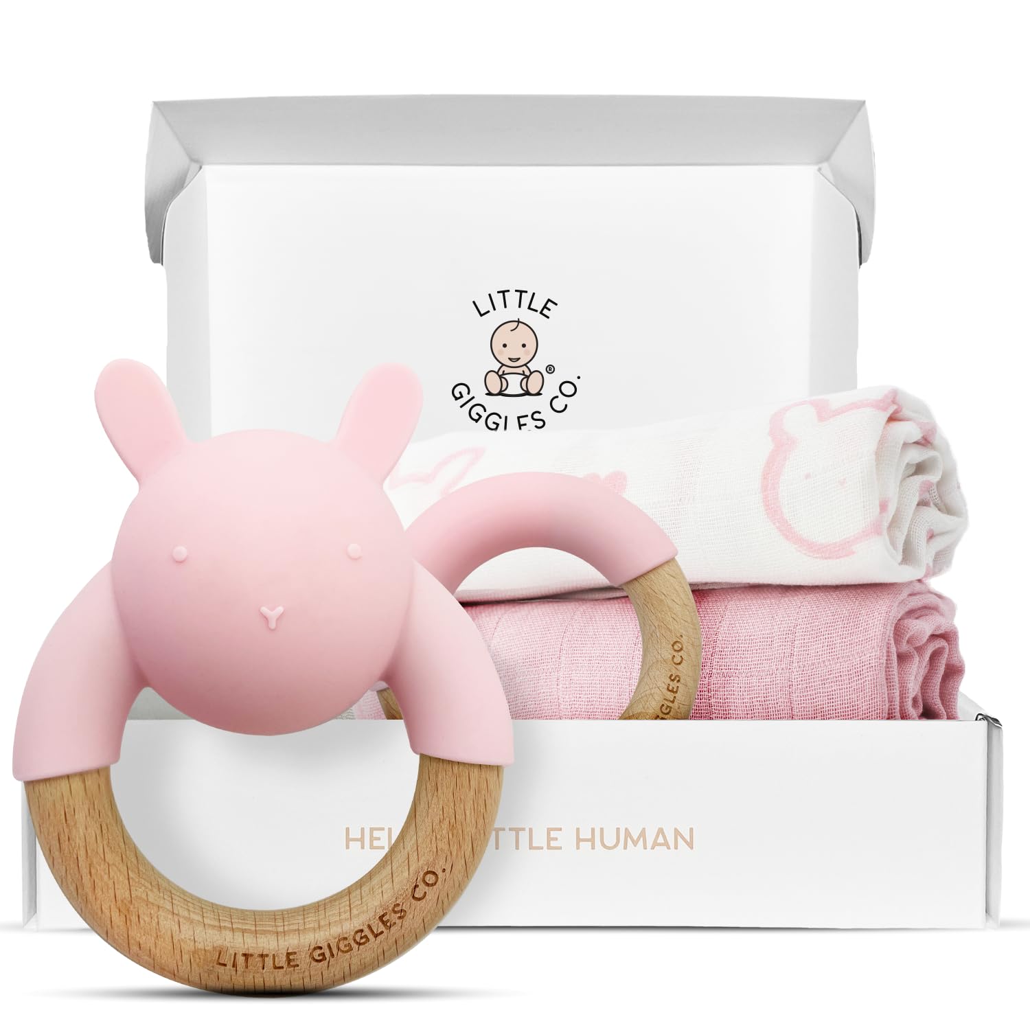 Little Giggles Co.® Baby Gift in Pink - Girls Teething Toys & Large Muslin Cloths Set. Sensory Play Rattle, Soothing Teether Ring, Soft Cotton Muslins. Essentials for Newborn Girl & Baby Shower Gifts