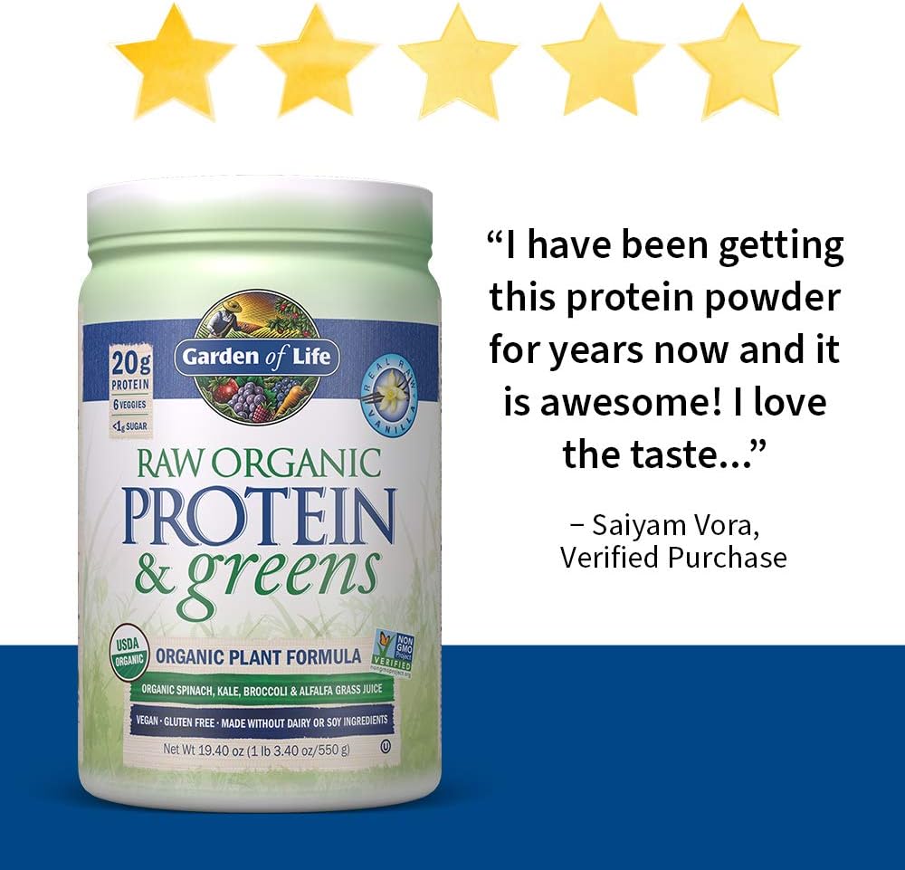 Garden of Life Raw Protein & Greens Vanilla, Vegan Protein Powder for Women and Men, Juiced Greens and 20g Raw Organic Plant Protein Plus Probiotics & Enzymes, Gluten-Free Low Carb Shake, 20 Servings: Health & Personal Care