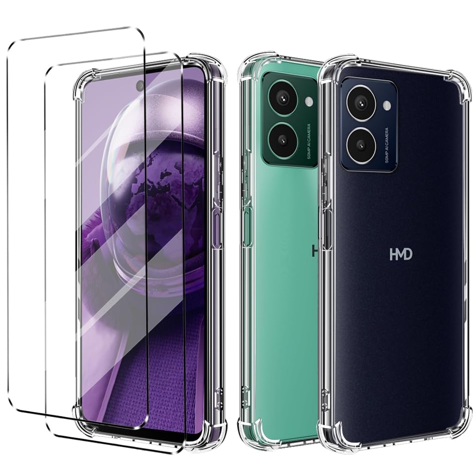 3-in-1 Case Compatible with HMD Pulse Pro / Plus / Cover, 2 Pack Tempered Glass Screen Protector for HMD Pulse Slim Fit Soft TPU Shockproof Anti-Scratch Phone Case Cover, Clear