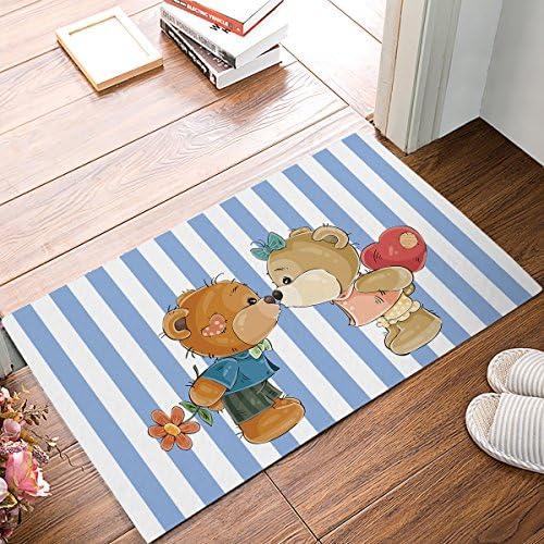 Rubber Doormat Outdoor Door Mats Rubber Shoes Scraper for Front Door Entrance Outside Doormat Valentine Theme,Couple Teddy Bear Stripe Backdrop