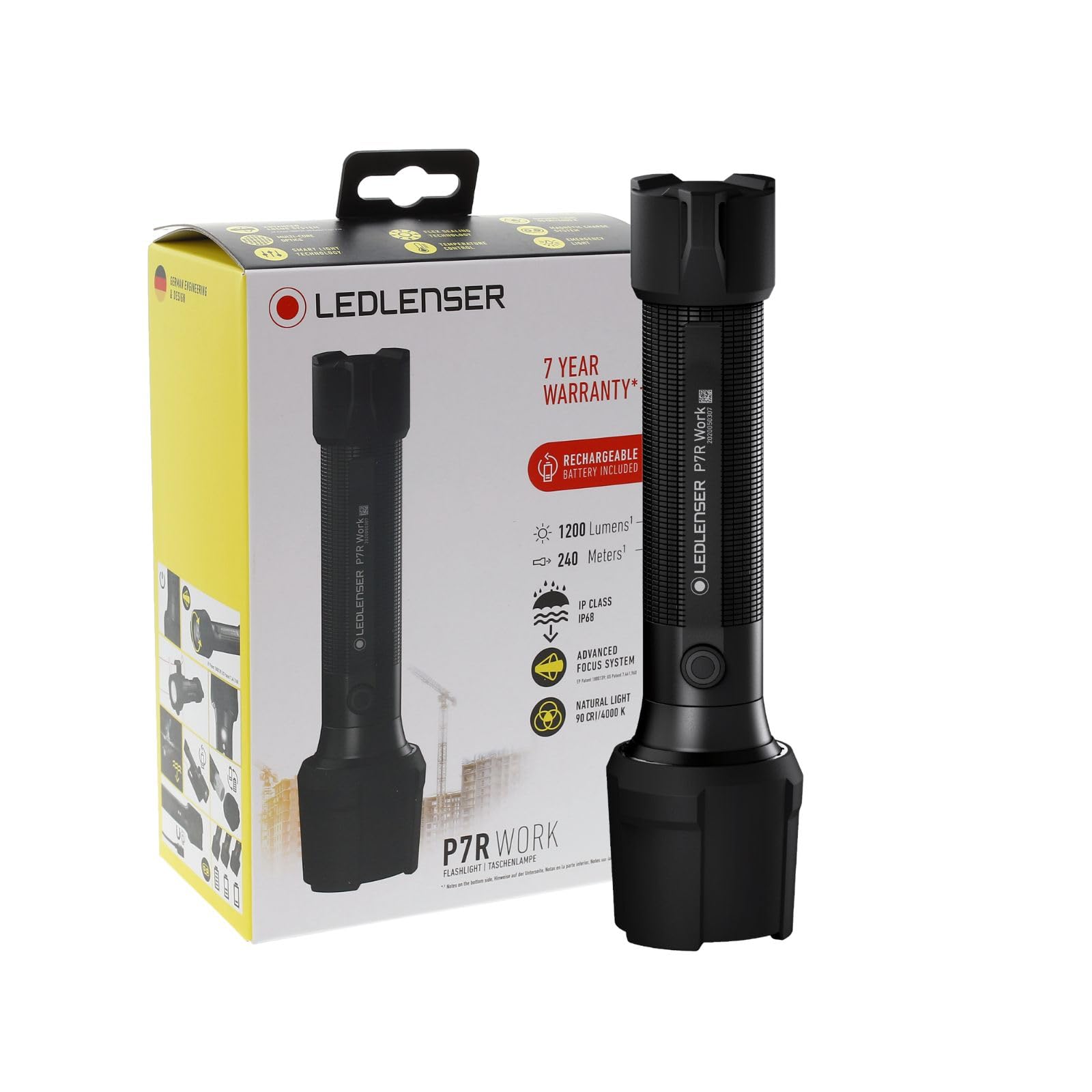 Ledlenser P7R Work | 2020 | LED Rechargeable Torch, 1200 Lumens, High CRI, SOS, Strobe, Up to 60h Battery, 240m Beam, IP68 Waterproof, Rubber Protectors, Ideal for Workshop Garage Mechanic, Worksite