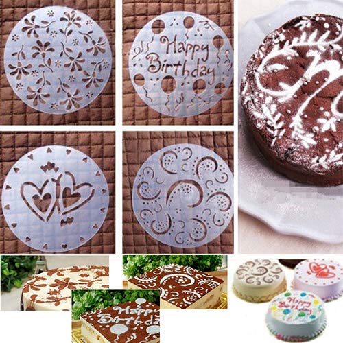 Yamalans 4pcs/Set Birthday Cake Spray Mold Round Fondant Sugar Craft Cake Decorating Coffee Tiramisu Decorating Bakery Stencils Flower Heart Baking Mould