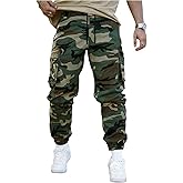 VIPWOLF Men's Camo Cargo Pants Streetwear Drawstring Flap Pockets Workout Jogger Pants