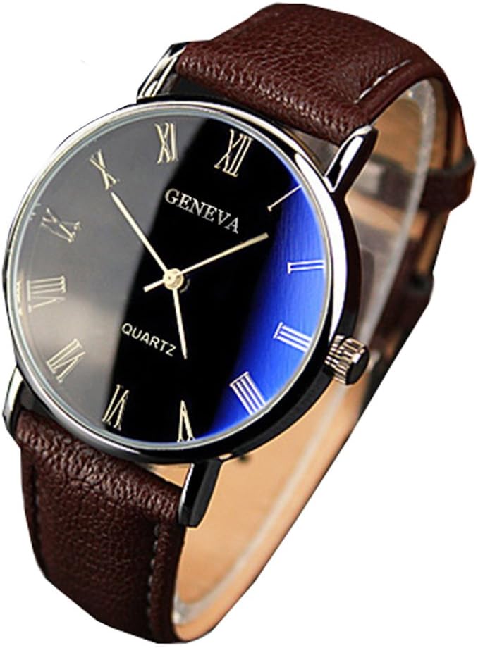 YAZOLE Mens Blu-Ray Roman Numerals Quartz Analog Wrist Watch, Faux Leather Band, Brown Band Black Dial