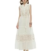 GOELIA White Dress 2025 Summer Casual Sleeveless V Neck Embroidered Tencel Blend Vest Maxi Dresses with Tie String Belt
