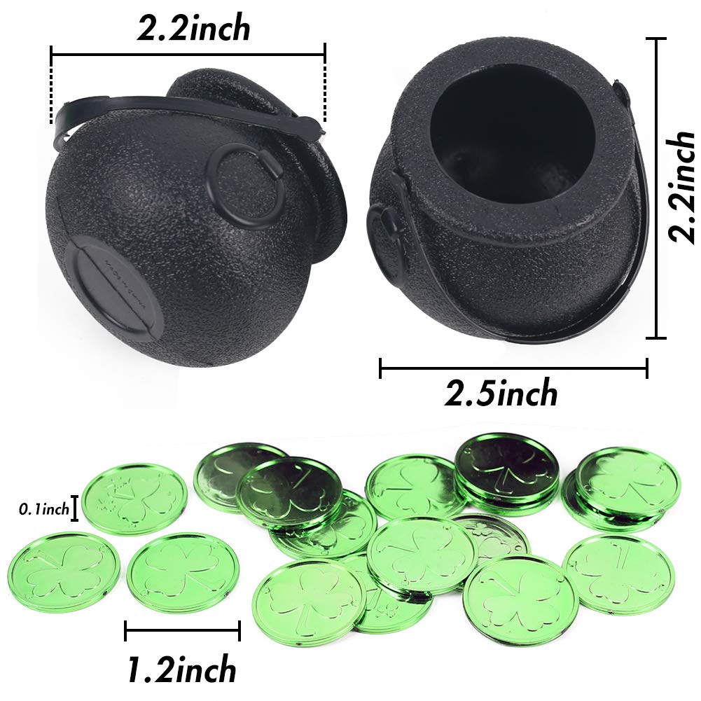 FuturePlusX Mini Black Candy Cauldron Kettles, 2PCS Plastic Candy Kettles Party Decoration Supplies for St. Patricks Day with 50 Plastic Gold Clover Coins
